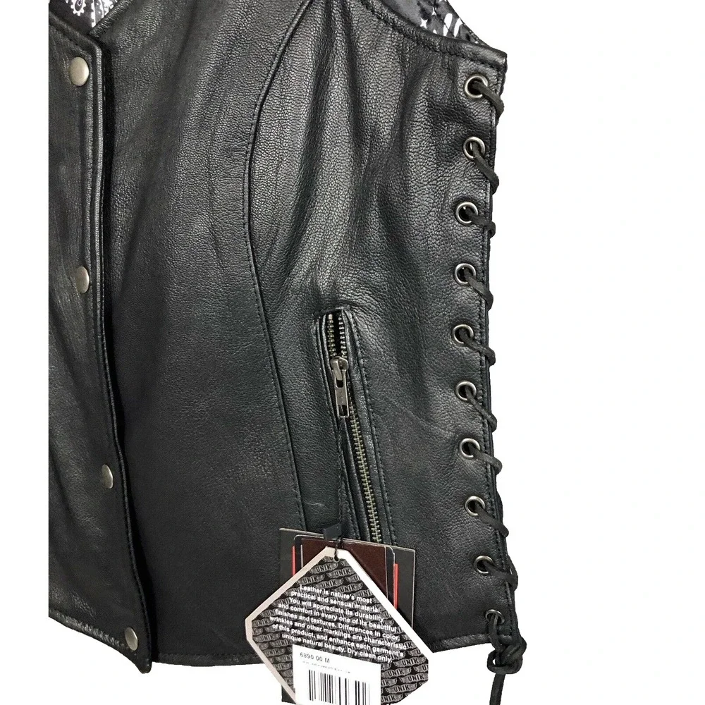 Unik Premium Women Sz M Black Leather Snap Front Vest Side Laces Paisley Liner - Picture 2 of 16